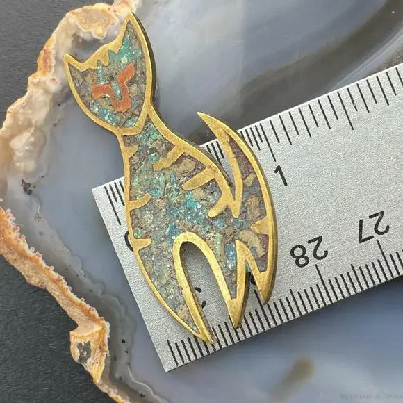 Sterling Silver Chip Inlay Cat Brooch, Made In Mexico - Picture 9 of 10